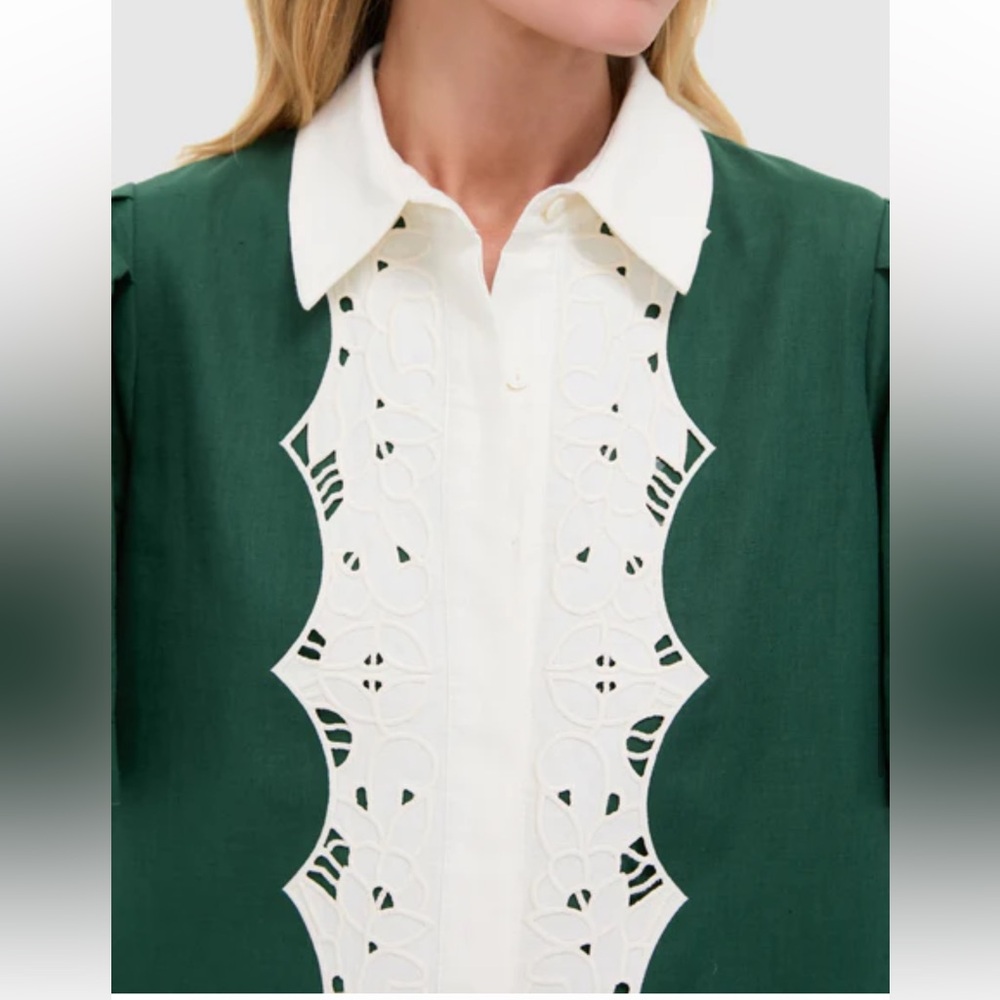 Dark Green Eyelet Trim Cotton Linen Delilah Dress - Picture 6 of 7